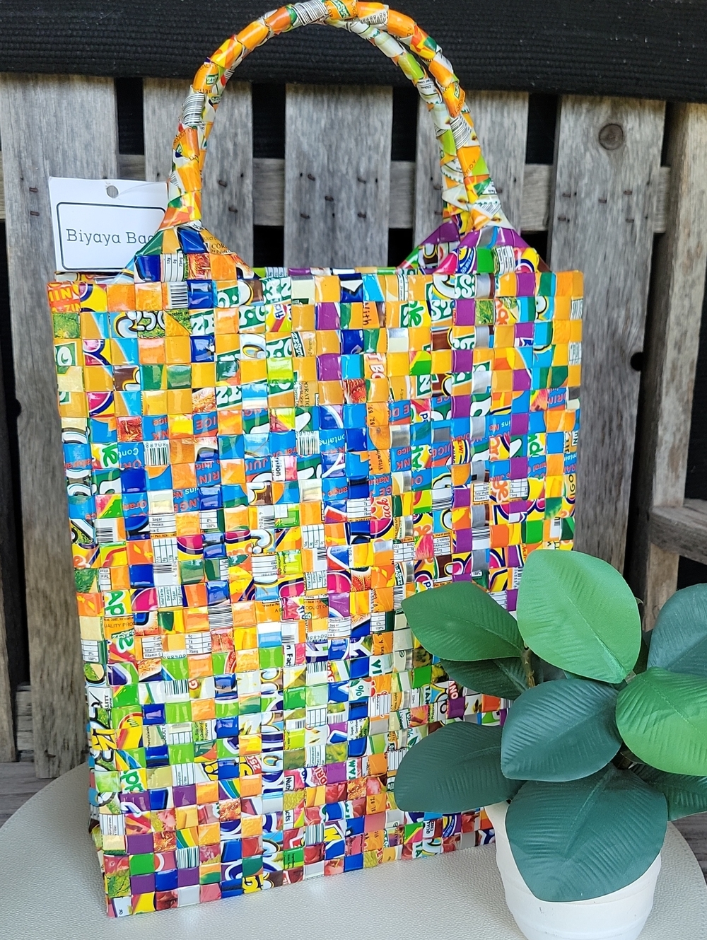 Multicolor Basket Weave Hobo Bag Made Out Of Misprinted Juice Boxes- Biyaya